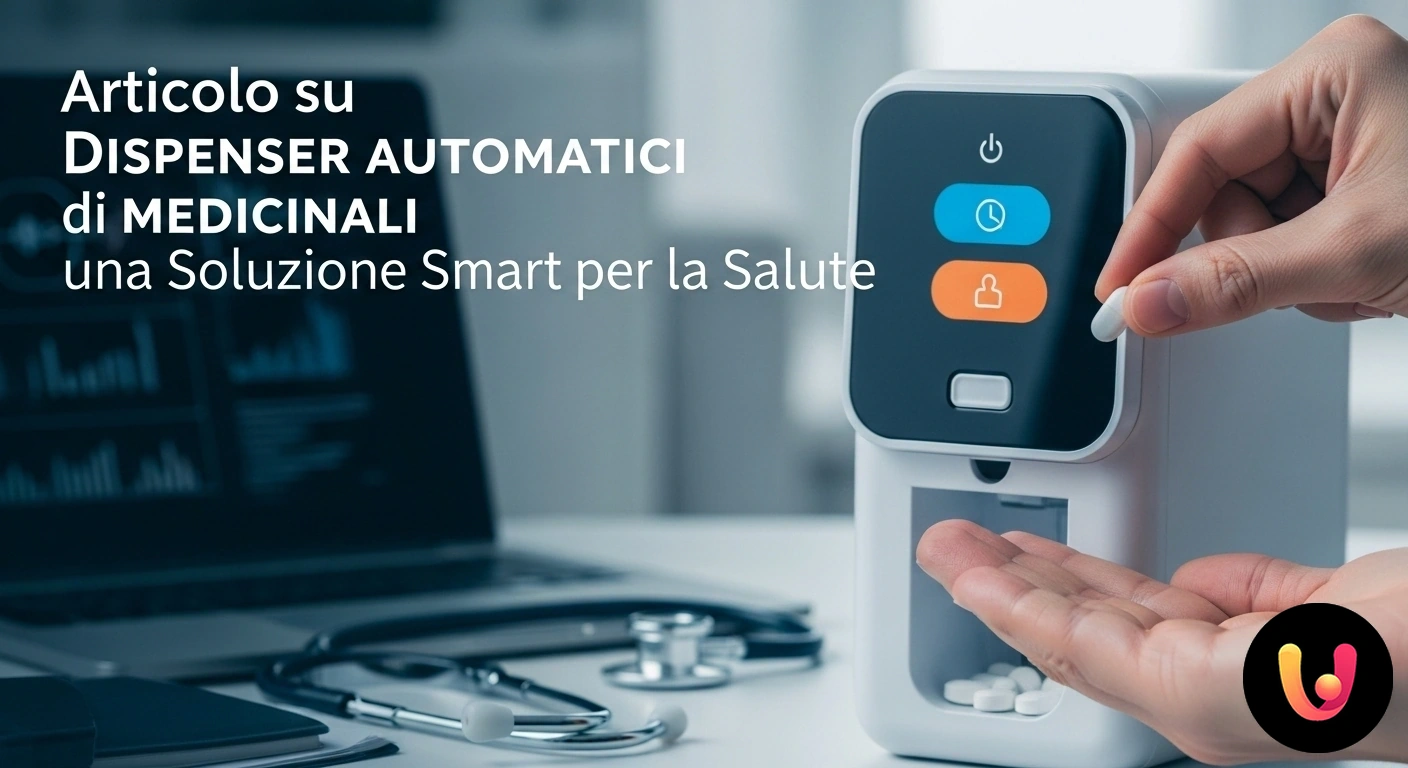Dispenser Automatico Medicinali: La Soluzione Smart per la Terapia Persona che preleva una pillola da uno scomparto illuminato di un dispenser automatico di medicinali.