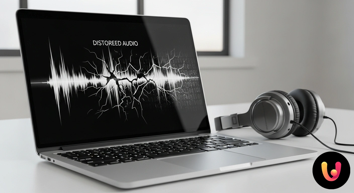 Audio distorto su Mac? Scopri come risolvere subito il problema. Utente di fronte a un laptop mac con onde sonore frastagliate emanate dagli altoparlanti, a simboleggiare un problema audio.