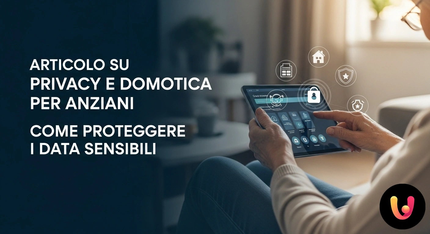 Domotica e Privacy per Anziani: Protezione dei Dati Sensibili Anziana sorridente usa un tablet per controllare la sua casa intelligente, con un'icona a lucchetto che simboleggia la privac