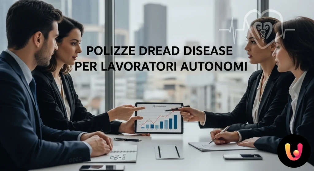 Polizza Dread Disease: tutela vitale per gli autonomi Lavoratore autonomo alla scrivania che consulta un documento con un simbolo di scudo, a rappresentare la tutela sanitaria.