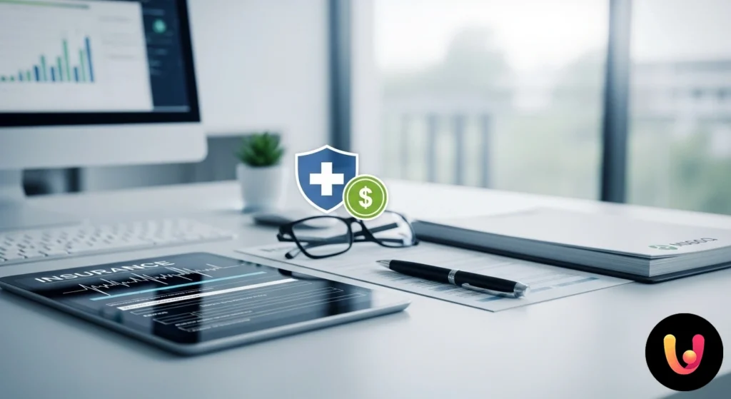 Lavoratore autonomo alla scrivania che esamina un documento di polizza assicurativa per malattia.