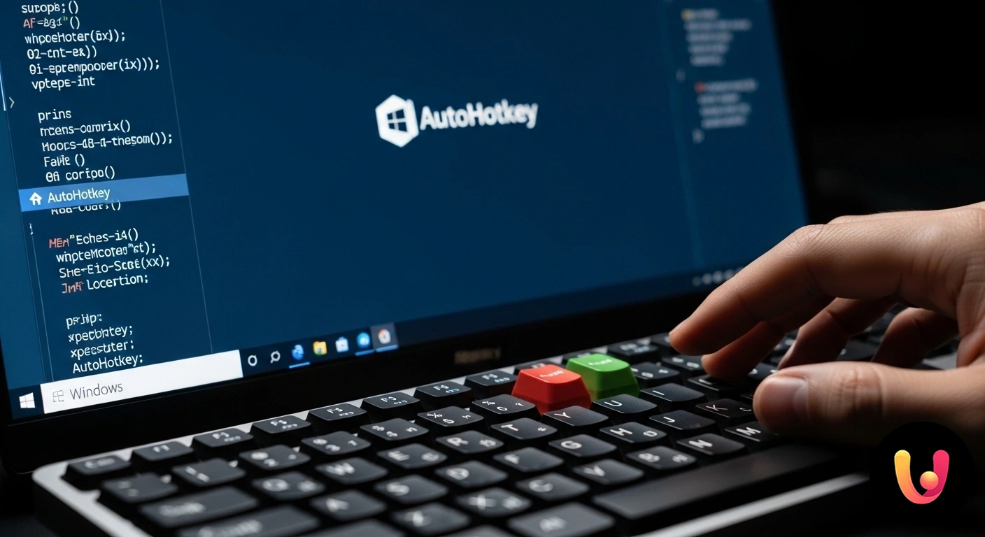 Guida AutoHotkey: Automatizza Windows con macro e scorciatoie Tastiera con tasti evidenziati e linee di codice a rappresentare la creazione di macro e scorciatoie personalizzate su window