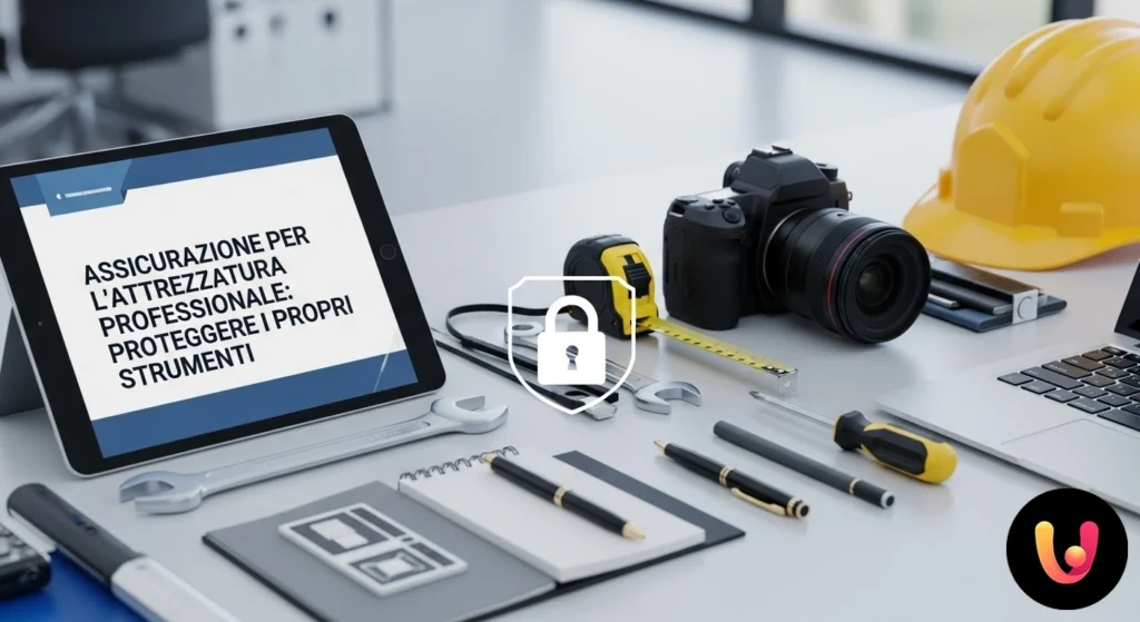 Attrezzatura professionale varia, come una macchina fotografica e un laptop, protetta da una polizza assicurativa simbolica.