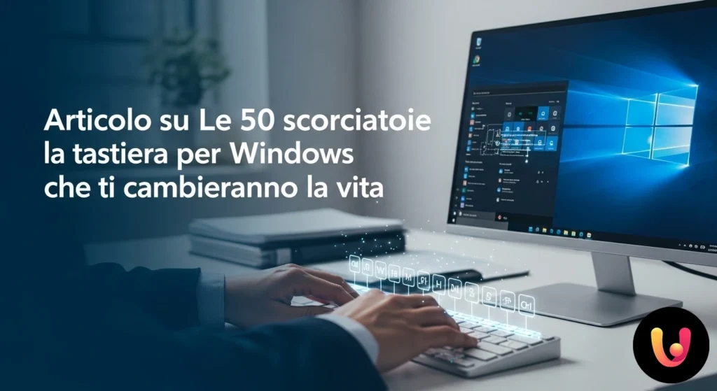 Le 50 scorciatoie Windows che ti cambieranno la vita Mani che digitano su una tastiera con alcuni tasti di scelta rapida di windows evidenziati graficamente.