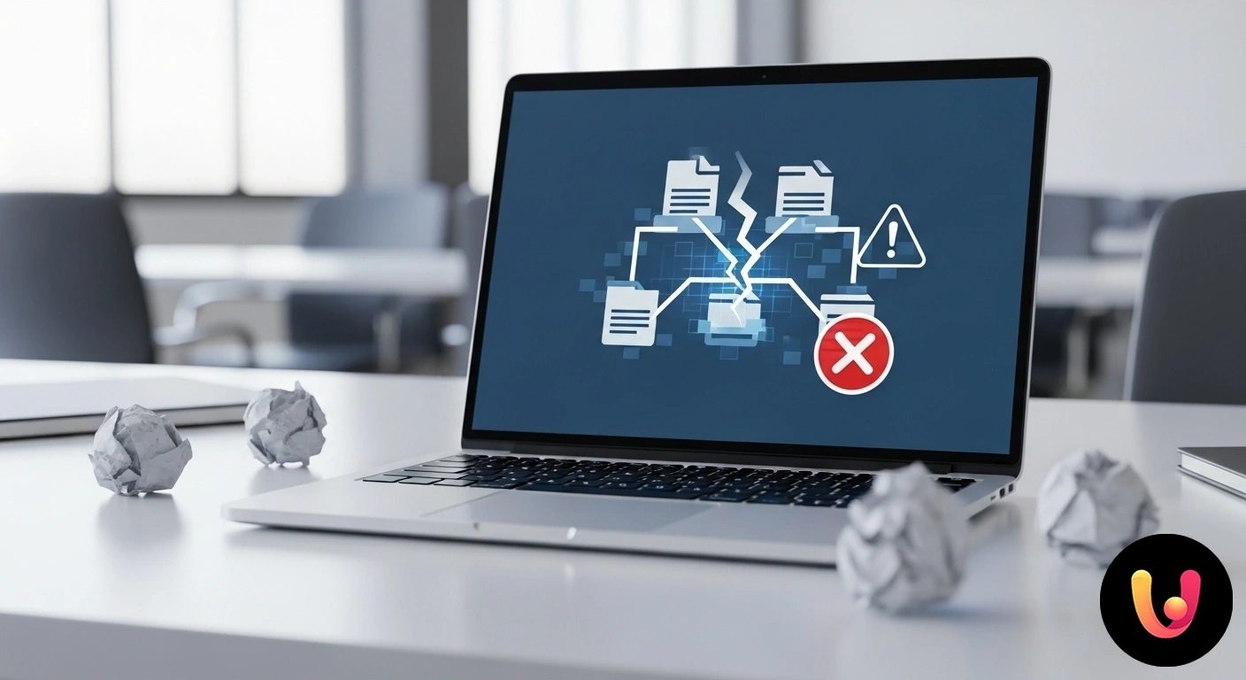Problemi di file sharing su laptop? Scopri come risolvere gli errori più comuni. Due laptop collegati da una linea tratteggiata che mostra un'icona di avviso su un simbolo di condivisione file.