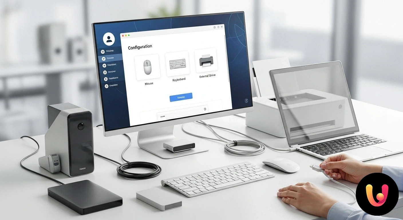 Configura le tue periferiche esterne: la guida facile per principianti. Postazione di lavoro con diverse periferiche esterne, tra cui monitor, tastiera e mouse, collegate a un computer portatile.