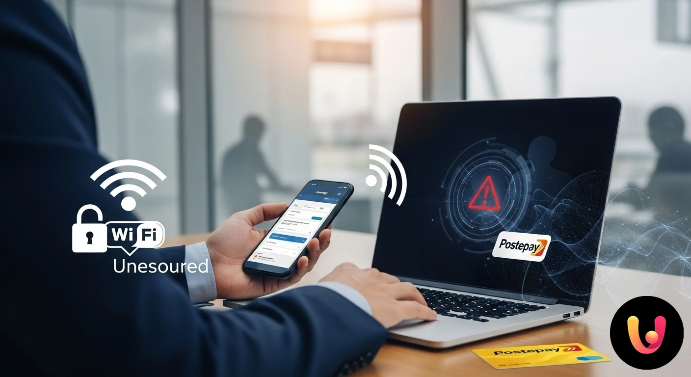 Rischi Postepay su Wi-Fi pubblico: come proteggere i tuoi dati sensibili. Transazione online con carta postepay esposta a rischi di sicurezza informatica su una rete wi-fi pubblica non protetta.