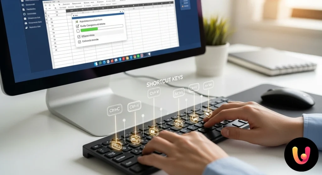 Primo piano di mani su una tastiera di computer, con un dito che preme una combinazione di tasti per una scorciatoia software