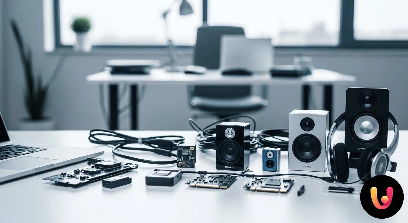 Problemi audio su PC? Scopri come risolvere i più comuni errori multimediali. Uomo con cuffie guarda perplesso lo schermo di un laptop che mostra un'icona di volume barrata, simboleggiando un problema au