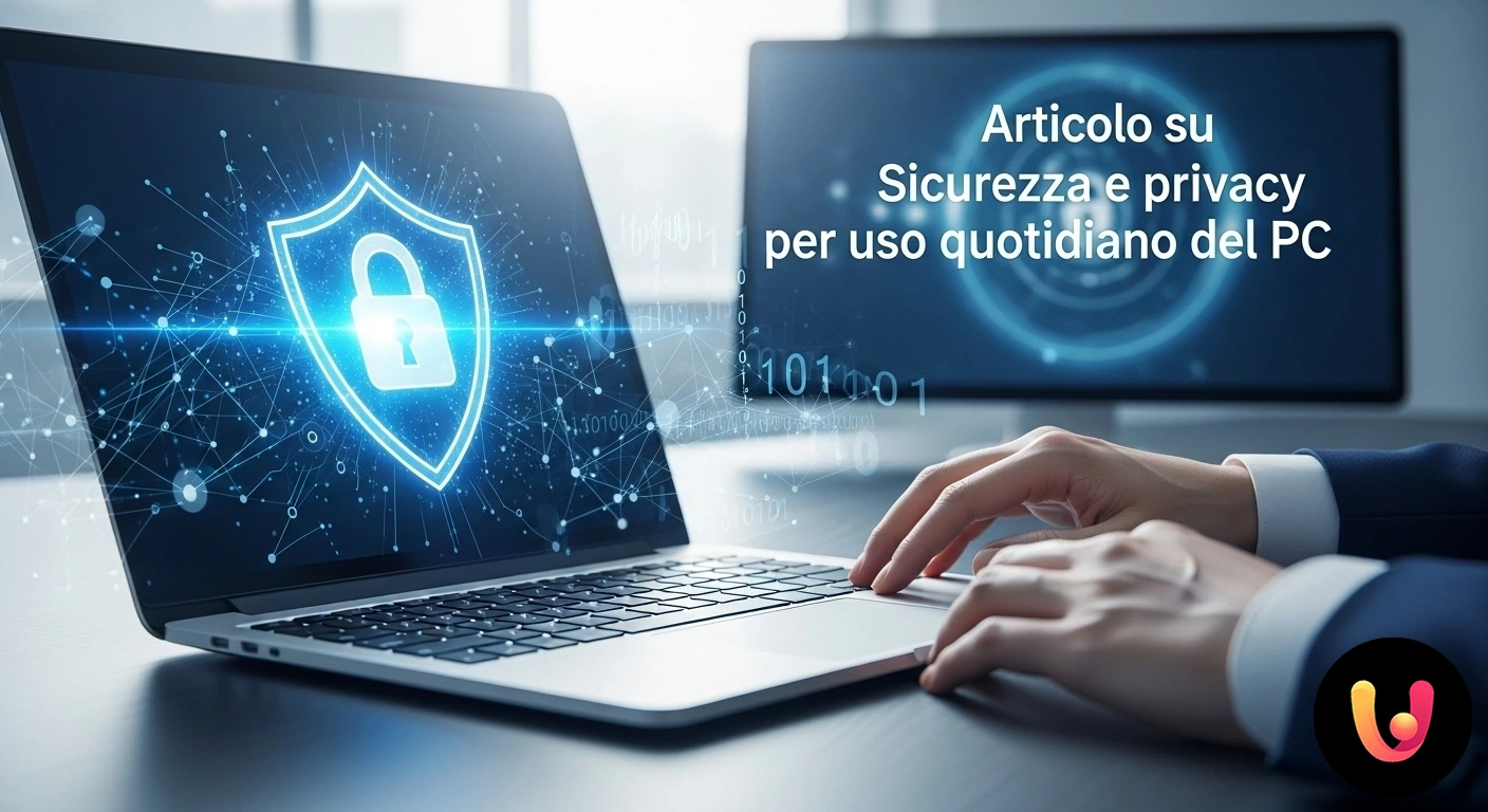 Proteggi la tua privacy online: la guida essenziale alla sicurezza del PC. Utente che utilizza un computer portatile su cui sono sovrapposte icone digitali di uno scudo e un lucchetto a tutela dei dat