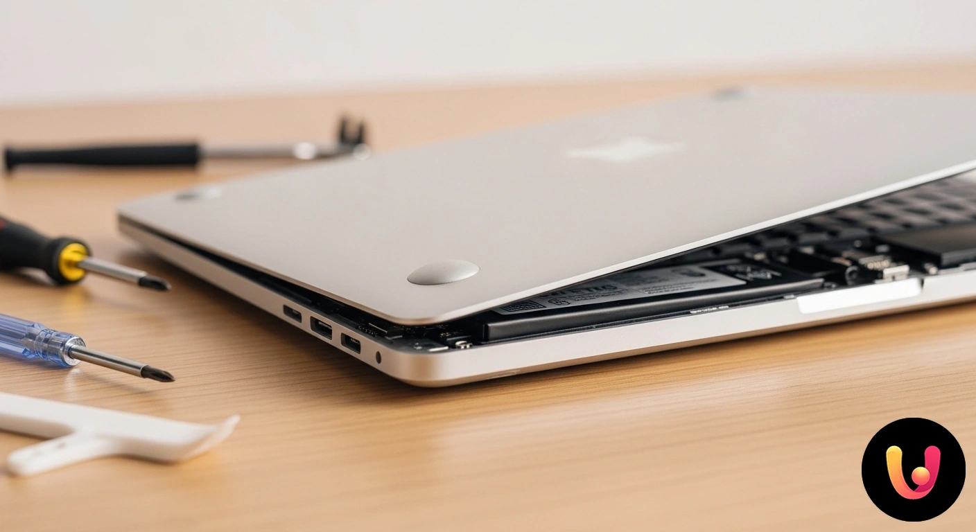 Batteria laptop gonfia: un segnale di pericolo. Scopri le cause e come intervenire. Scocca di un laptop sollevata e deformata dal rigonfiamento della batteria interna al litio.
