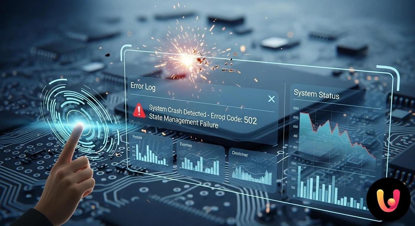 Previeni i system crash: strategie per la gestione proattiva degli errori di stato. Diagramma astratto di un errore di sistema che si propaga attraverso nodi interconnessi, evidenziando un punto di crash.