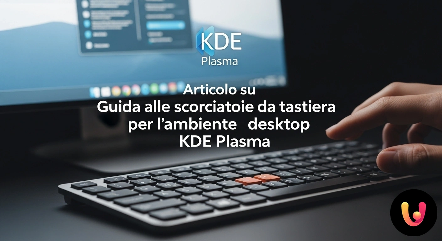 Guida alle scorciatoie KDE Plasma: aumenta la tua produttività. Tasti per scorciatoie illuminati su una tastiera, con l'ambiente desktop kde plasma visibile sullo sfondo.