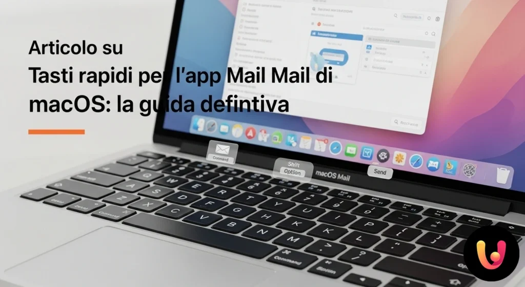 Mani che digitano su una tastiera mac con l'interfaccia dell'app mail di macos visibile sullo schermo.