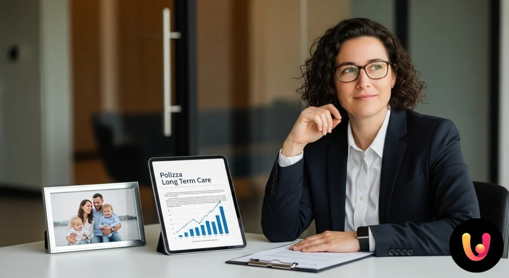 Libero professionista senior con espressione serena mentre lavora nel suo studio ben illuminato, simboleggiando la sicurezza