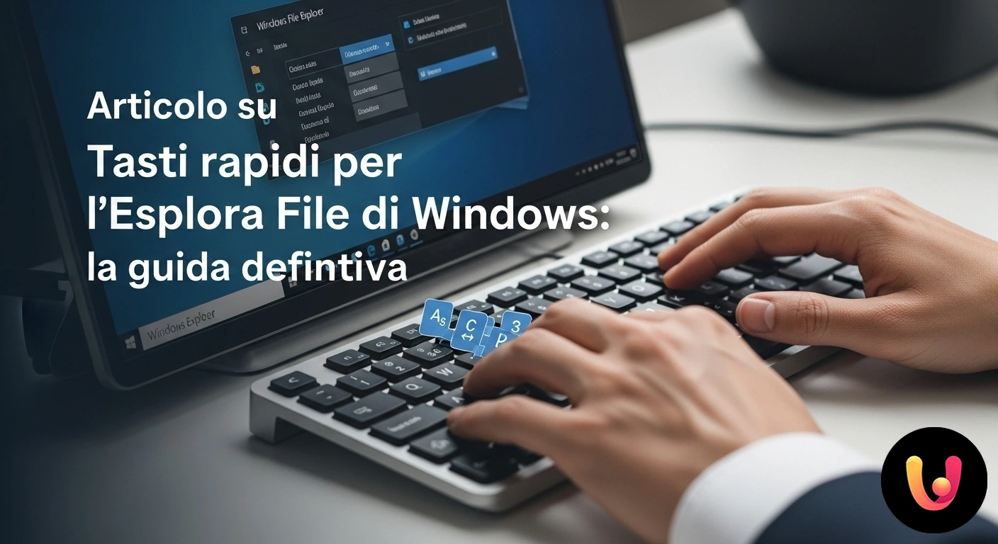 Velocizza il tuo lavoro con le scorciatoie per Esplora File. Interfaccia di esplora file di windows con tasti di scelta rapida evidenziati su una tastiera.