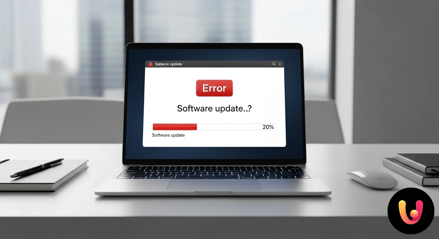Errori aggiornamento software laptop: guida completa alla risoluzione. Schermo di un laptop che mostra una notifica di errore durante il processo di aggiornamento del software di sistema.