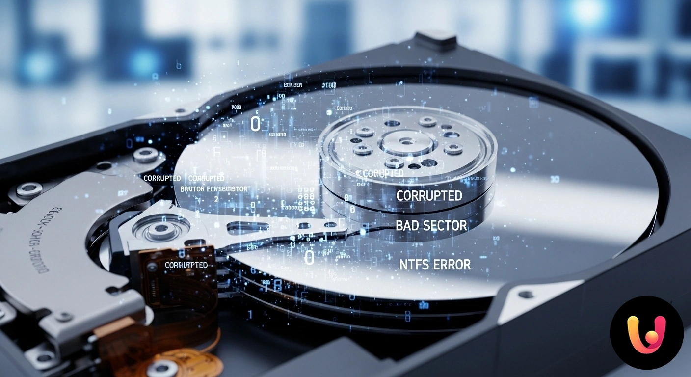 Articolo su File system errors su hard disk - Guida completa elementi grafici correlati al tema trattato su sfondo professionale
