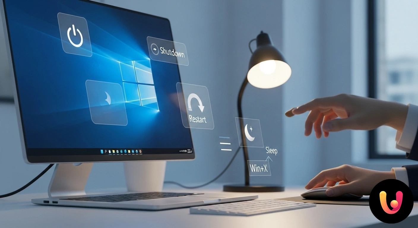 Scorciatoie per spegnimento, riavvio e sospensione: ottimizza la gestione alimentazione Windows. Icone stilizzate per le opzioni di alimentazione di windows: spegnimento, riavvio e sospensione.