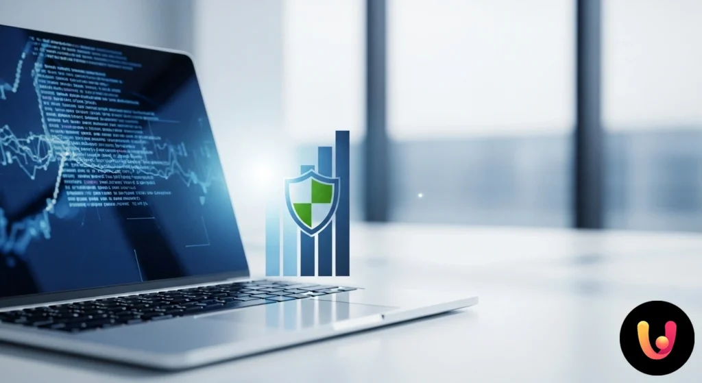 RC Pro Consulente Informatico: Guida ai Rischi Digitali 2025 Consulente informatico al lavoro su un laptop, con una sovrapposizione grafica di uno scudo che simboleggia protezione dai ri