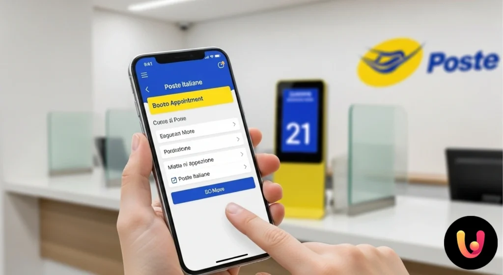 Schermata dell'app poste italiane su uno smartphone che mostra la funzione per prenotare il ticket per l'ufficio postale.