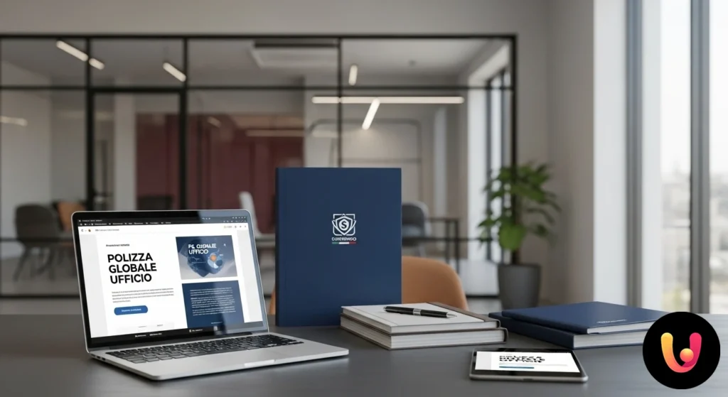 Asigurare pentru birou: ghid complet pentru a-ți proteja cabinetul profesional Libero professionista al lavoro nel suo studio moderno, con un'icona a scudo che simboleggia la protezione della polizza.
