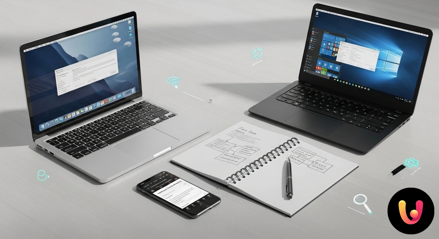Risoluzione problemi software su Windows e Mac: la guida definitiva. Persona al computer che analizza i loghi di windows e macos con una lente d'ingrandimento, simbolo della risoluzione problemi