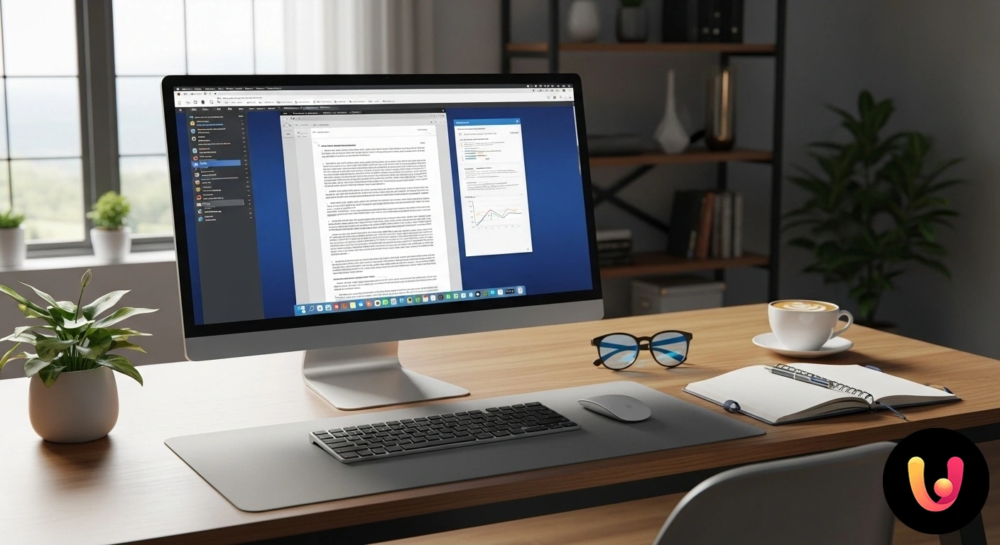 Videoscrittura e produttività: la guida per il tuo computer domestico. Scrivania ordinata con persona che utilizza un software di videoscrittura su un computer portatile.