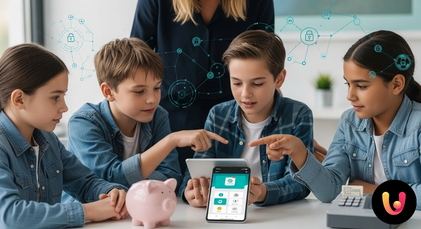 Bambini e Pagamenti Digitali: Guida all'Uso Consapevole Genitore che mostra a un bambino come funziona un'applicazione di pagamento su uno smartphone, simbolo di educazione finanzia
