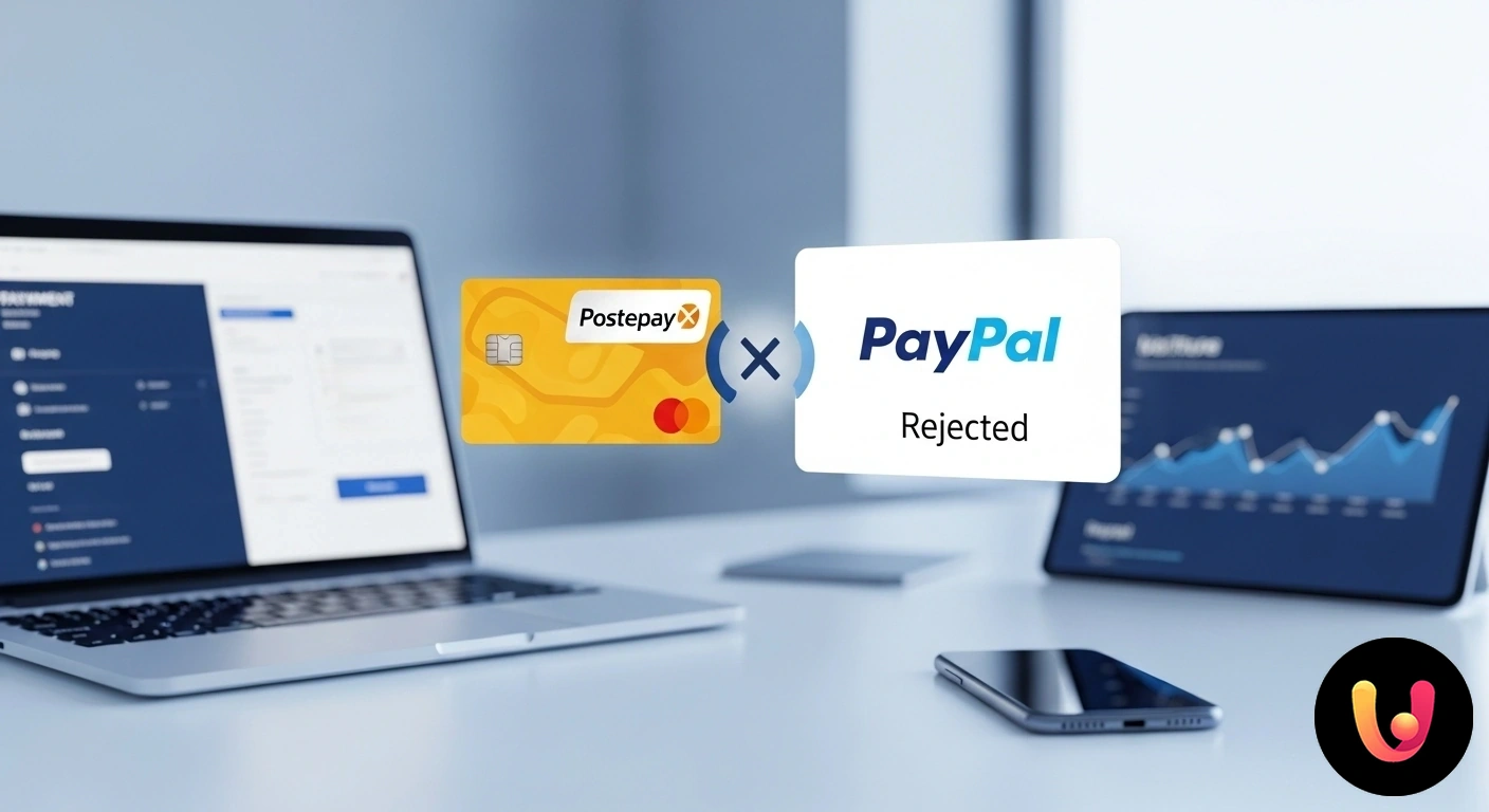 Pagamento Postepay su PayPal rifiutato? Scopri le cause e le soluzioni immediate. Loghi di postepay e paypal visualizzati su uno schermo con un'icona di notifica rossa che indica un errore di transazione.