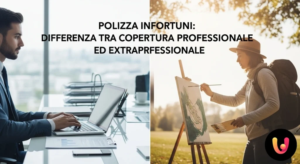 Uomo in due scenari divisi: a sinistra lavora al computer in ufficio, a destra fa un'escursione in montagna.