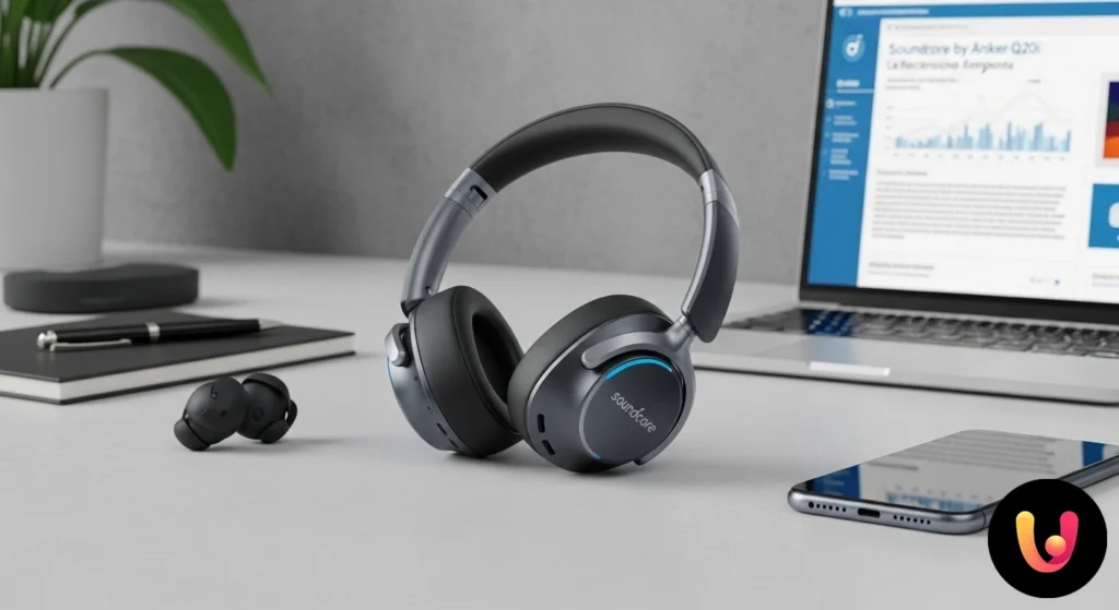 Cuffie over-ear nere soundcore q20i posizionate di profilo su sfondo neutro, con dettaglio dei padiglioni auricolari.