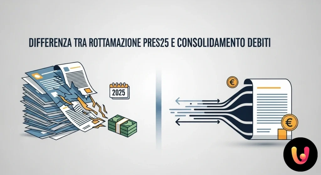 Persona a un bivio che valuta due percorsi indicati da cartelli con le scritte 'rottamazione prestiti' e 'consolidamento debi