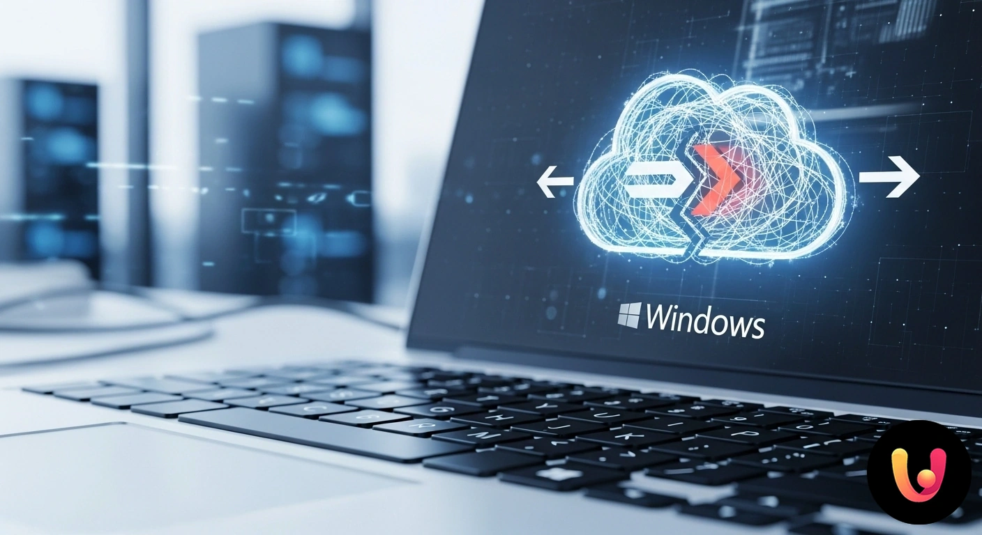 Risolvi gli errori di sincronizzazione cloud su Windows | Guida 2025 Icone di servizi cloud con simboli di errore di sincronizzazione visualizzate sullo schermo di un computer portatile.