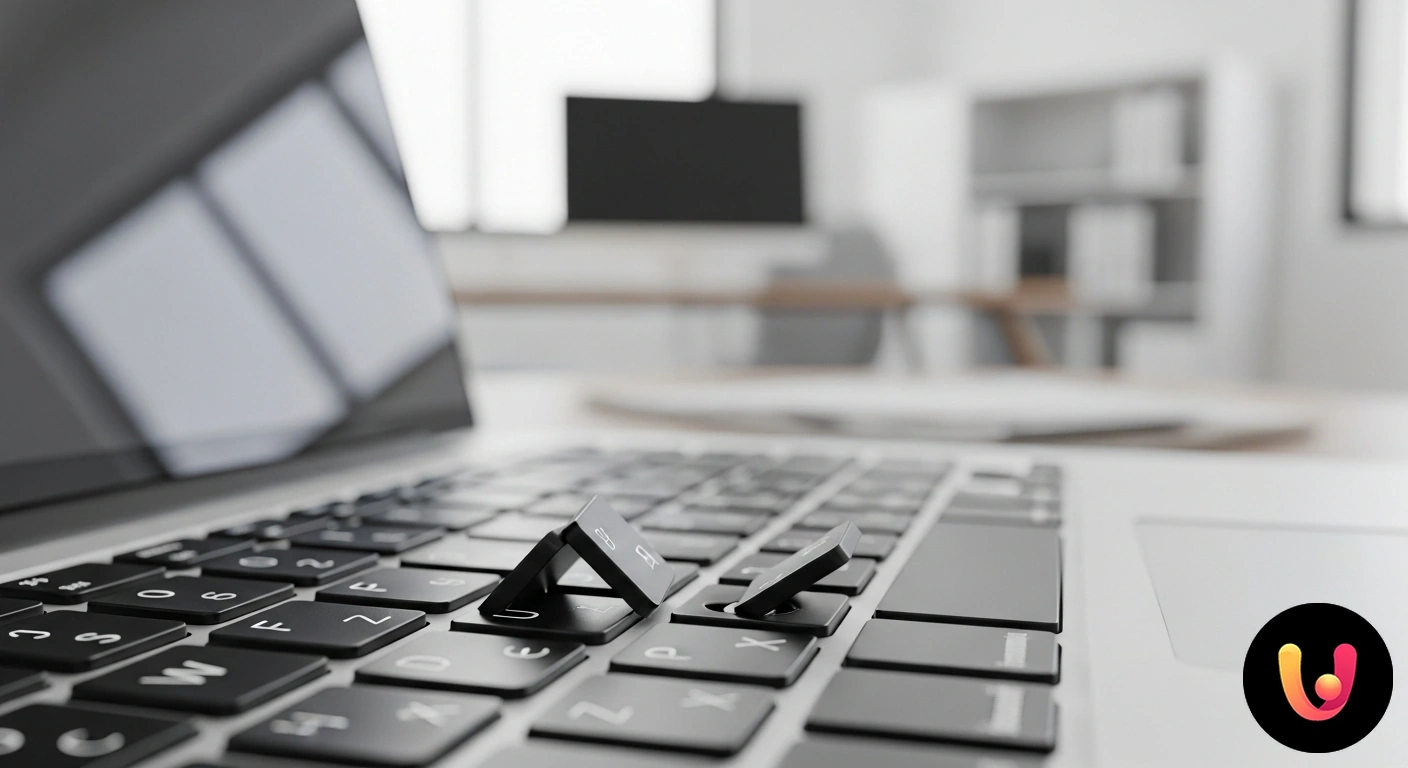 Tasti laptop bloccati? Ecco le soluzioni rapide per risolvere il problema. Persona che tenta di sollevare un tasto bloccato dalla tastiera di un laptop con un piccolo attrezzo.