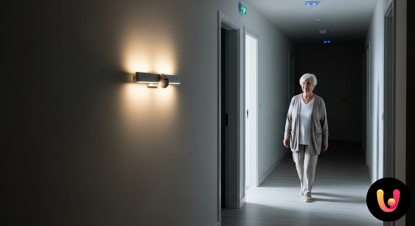 Illuminazione Intelligente: Sicurezza e Autonomia Notturna per Anziani Persona anziana cammina in sicurezza di notte in un corridoio, guidata da un percorso luminoso a led a pavimento attivatosi a