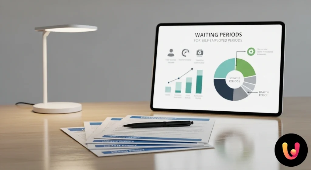 Assurance Santé pour Indépendants : Guide sur le Délai de Carence Lavoratore autonomo alla scrivania che analizza un contratto di polizza sanitaria, con un'icona di un calendario in evidenza.