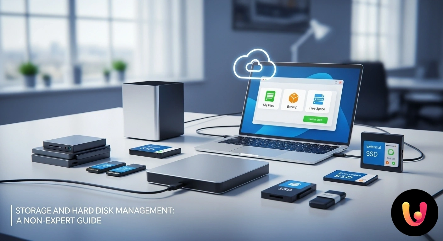 Guida alla gestione dello spazio su hard disk e storage per principianti. Persona alla scrivania che osserva un grafico a torta sull'utilizzo dello spazio di archiviazione su un monitor del computer.