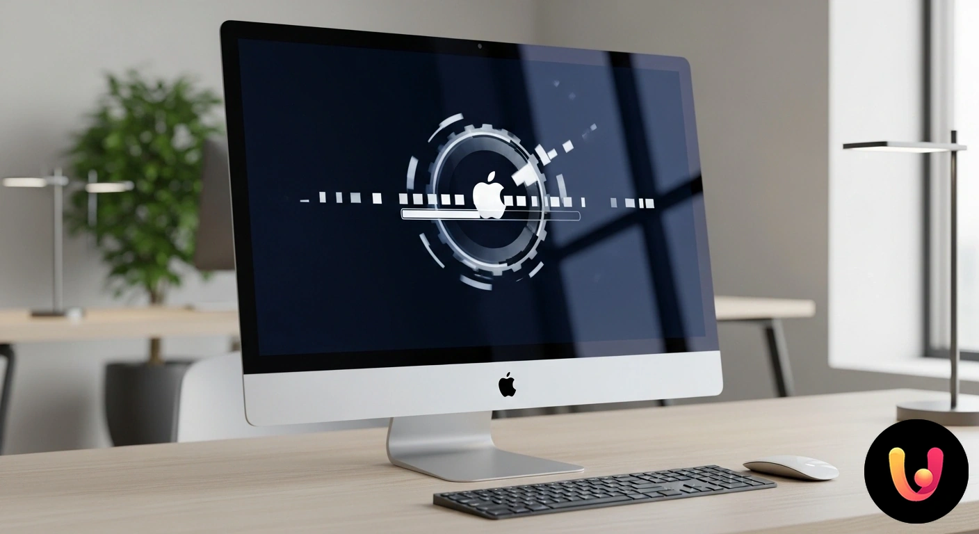 Problemi di boot loop su Mac OS? Scopri come risolverli. Desktop mac bloccato sulla schermata di avvio con logo apple e barra di caricamento incompleta, a rappresentare un boot loop.