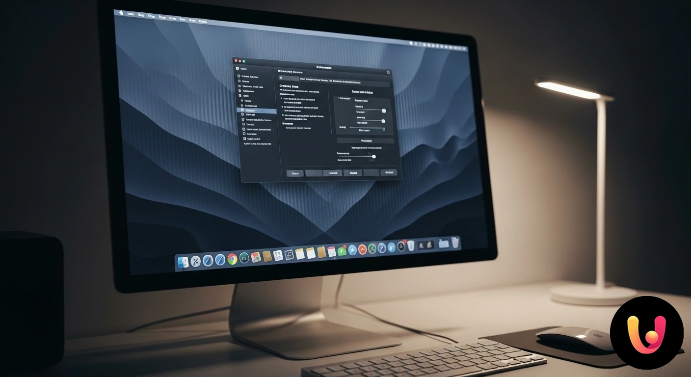 Monitor sfarfalla su Mac? Risolvi subito il problema del flickering. Scrivania di macos con un monitor che presenta artefatti visivi e linee di sfarfallio orizzontali, indicando un problema tecn