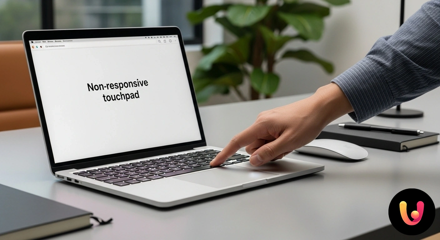 Touchpad MacBook non responsivo? Guida alla risoluzione dei problemi. Primo piano di una mano che tocca il trackpad di un computer portatile macbook, illustrando un'interazione dell'utente.