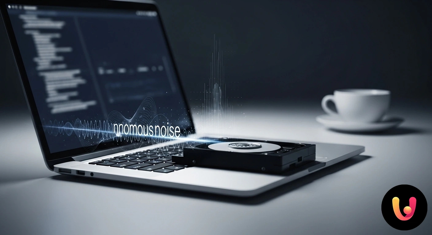 Rumore hard disk laptop: cause e soluzioni per risolvere il problema Utente ascolta con preoccupazione un rumore anomalo proveniente dal suo computer portatile aperto.
