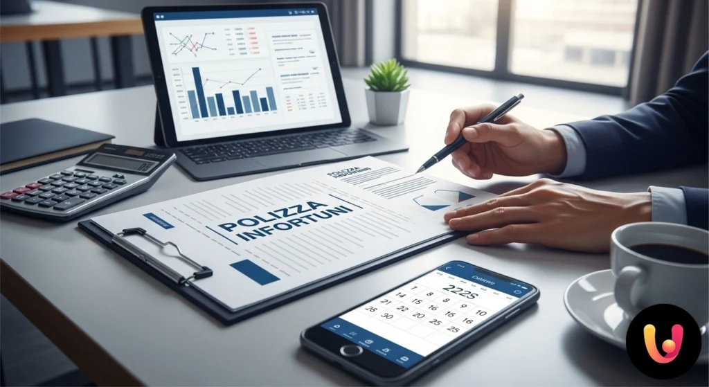 Polizza Infortuni Freelance: Tutela il Tuo Reddito Lavoratore autonomo alla scrivania con icona di uno scudo che rappresenta la tutela professionale dal rischio infortuni.