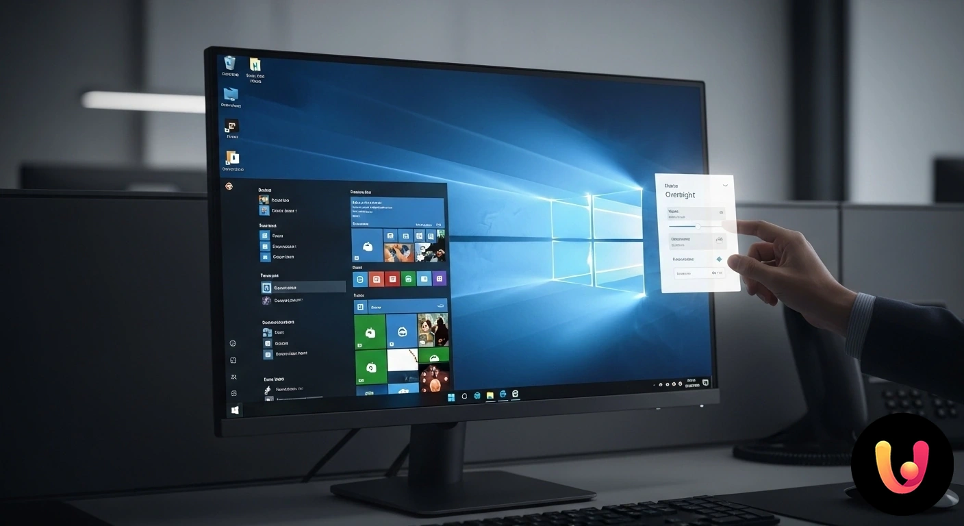Monitor troppo luminoso su Windows? Scopri come risolvere il problema della sovraesposizione. Utente che si copre gli occhi a causa della luminosità eccessiva di un monitor che mostra il desktop di windows.