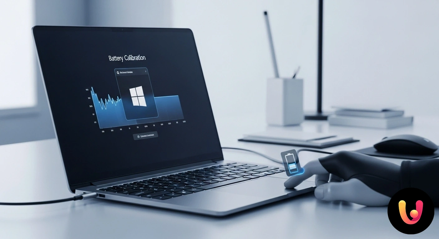 Calibrazione Batteria Laptop: Ottimizza la durata su Windows Icona della batteria di un portatile con accanto un ingranaggio, a simboleggiare il processo di calibrazione su windows.