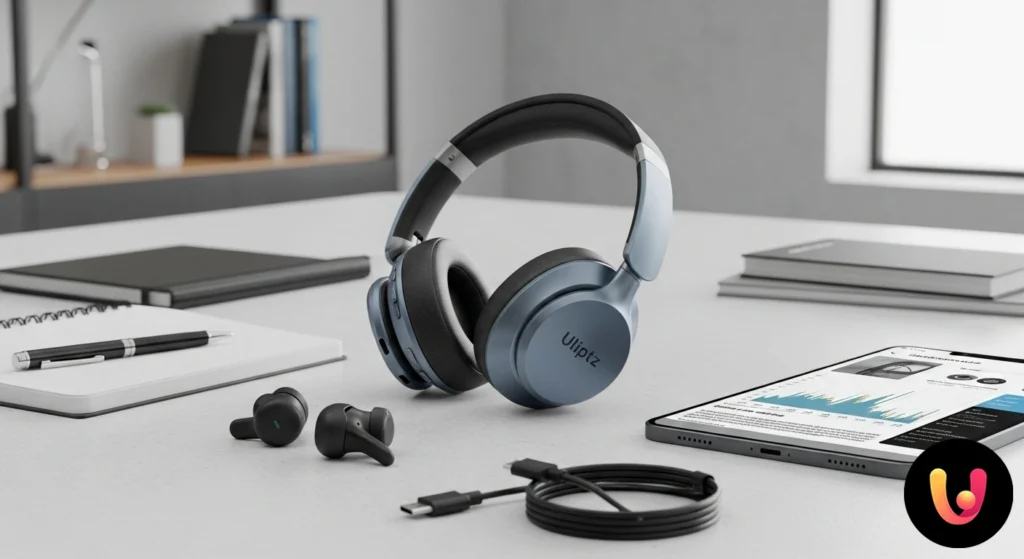 Cuffie wireless over-ear uliptz nere, con dettaglio dei padiglioni auricolari e dell'archetto regolabile su sfondo neutro.