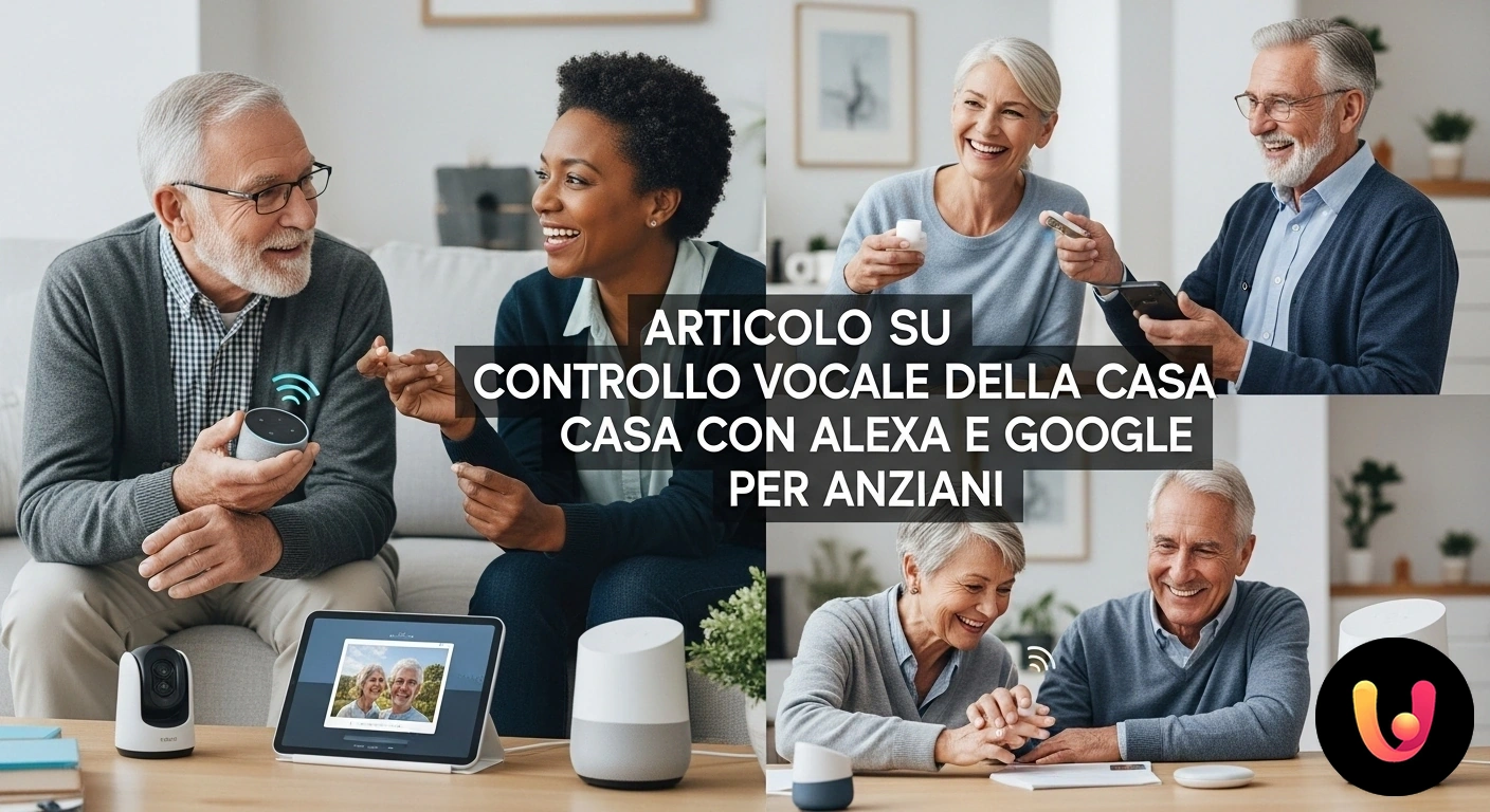 Controllo vocale per anziani: la casa intelligente con Alexa e Google Home Persona anziana sorridente interagisce con un assistente vocale per controllare dispositivi intelligenti nella propria abitaz