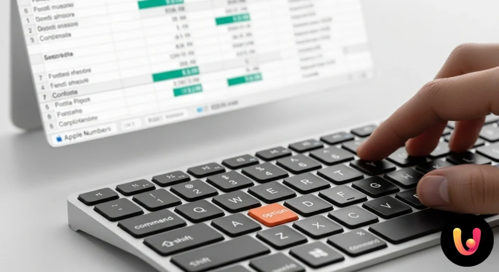 Tastiera con l'icona di apple numbers e tasti di scelta rapida illuminati per la gestione efficiente dei fogli di calcolo.