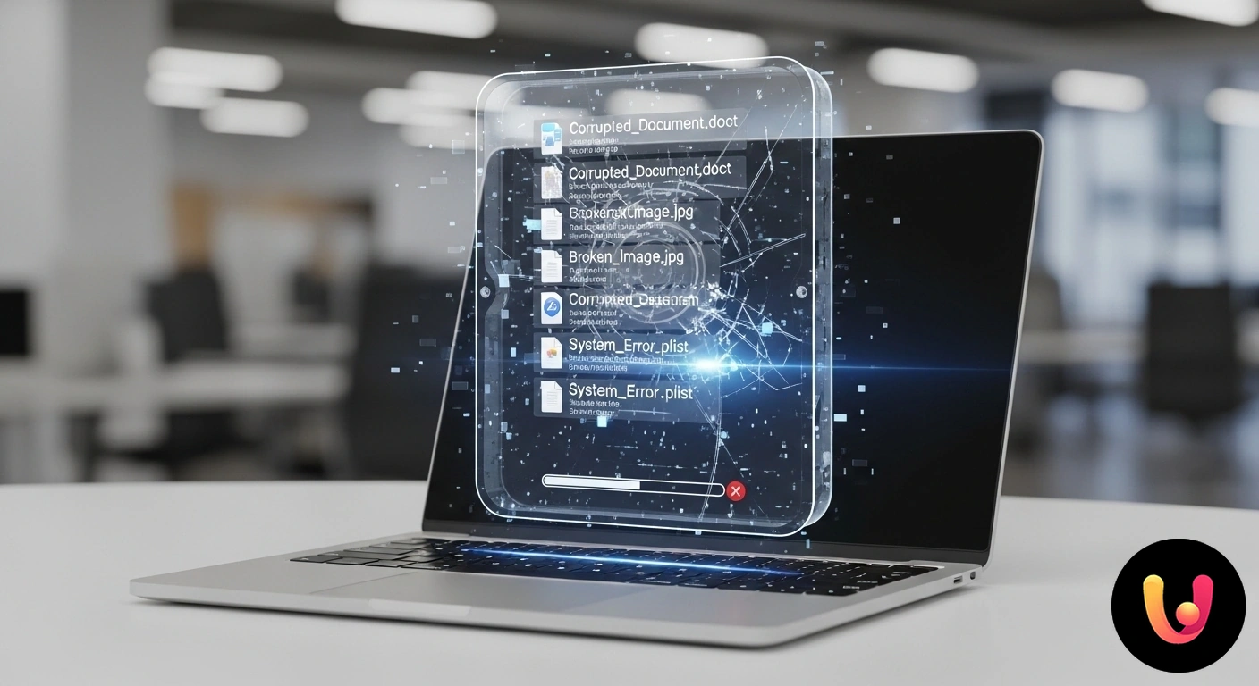 File corrotti su hard disk Mac? Guida per risolvere e recuperare i dati. Icona di un file con simbolo di errore visualizzata sullo schermo di un mac, a rappresentare dati corrotti o illeggibili.
