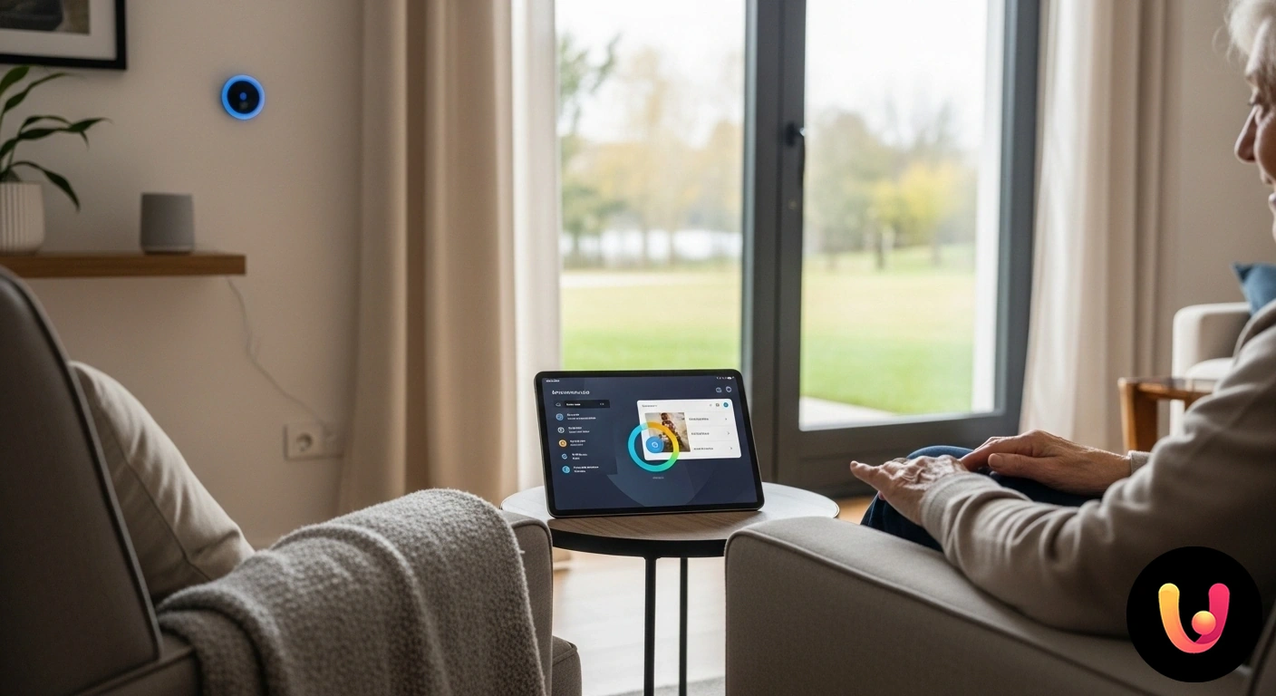Domotica e Controllo Clima: Comfort e Sicurezza per la Terza Età Anziana signora sorridente seduta su un divano utilizza un tablet per regolare la temperatura visualizzata su un termostato s